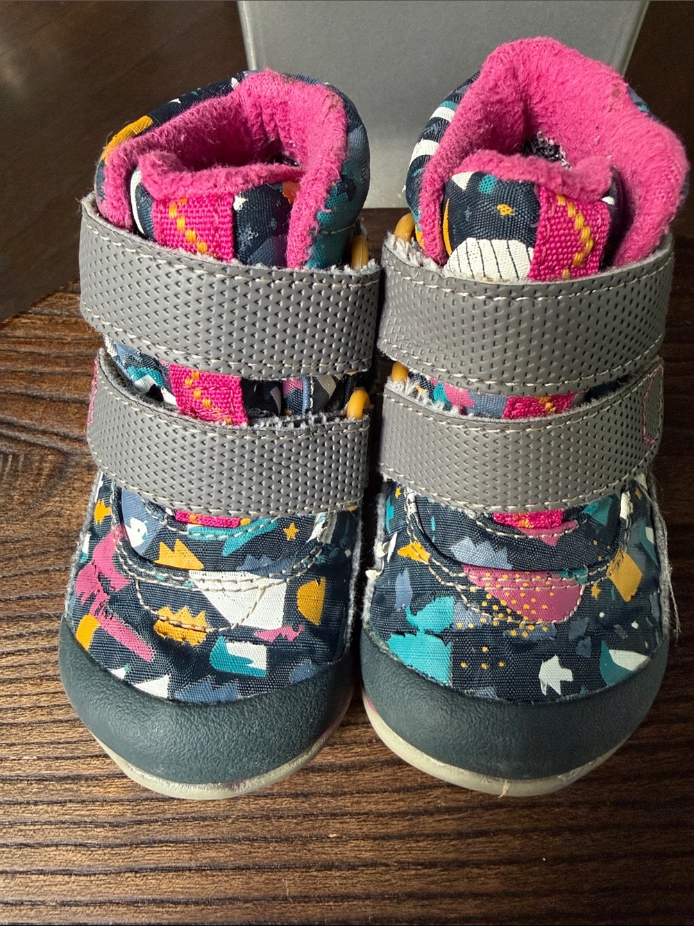 Grey & Pink Patterned Velcro Boots